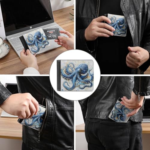 Blue Octopus PU Leather Wallet Bifold Wallet Coin Purse Money Clip Card Holder for Women Men3