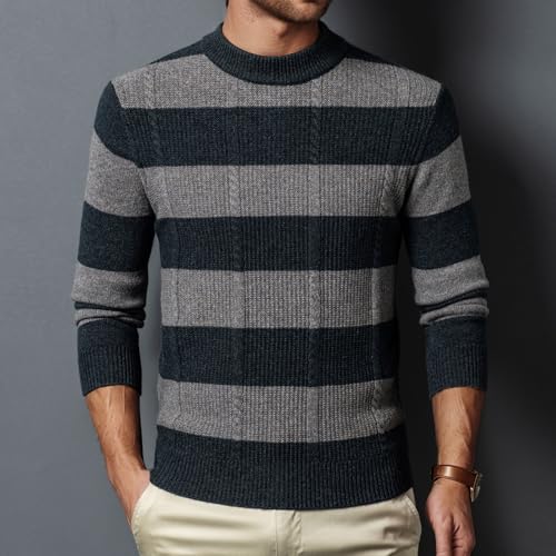 Men's Long-Sleeved 100% Wool Fisherman Knit Round-Neck Striped Warm Sweater4