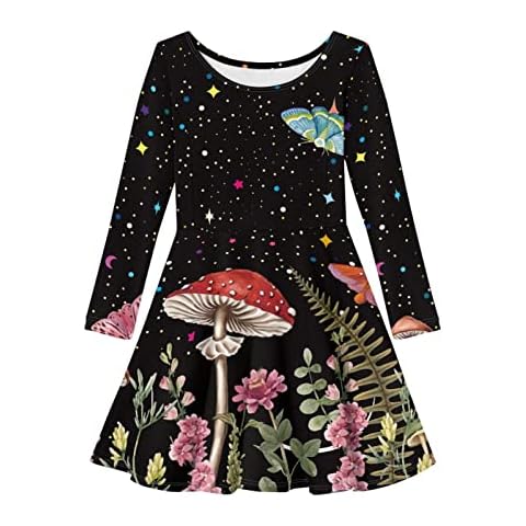 Girls Long Sleeve A Line Skater Dress Black Mushroom Print Round Neck Loose Fit Flare Twirly T Shirt Dress for Big Girls 13-14 Novelty Cute Kids Graphic Princess Costumes School Party Midi Dress Cover