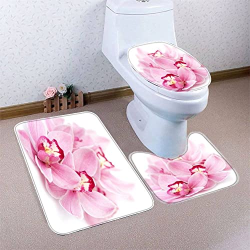 Badezimmermatte Set Orchidee Rosa 3D Drucken Blüte Teppich Badezimmer Badgarnitur 3teilig Mikrofaser Bath mat U-förmigen… – Bild 7