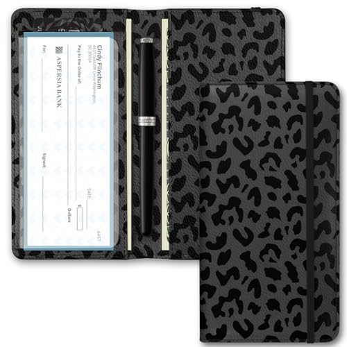Image of Checkbook Cover for Men Women, Premium Leather Checkbook Holder with RFID Blocking and Built in Clear Plastic Divider for Personal and Business Checks (Leopard-Black)