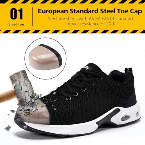 Tinefiy Steel Toe Shoes for Women Lightweight Safety Shoes Air Cushion Comfortable Slip Resistant Indestructible Womens Puncture Proof Work Shoe3