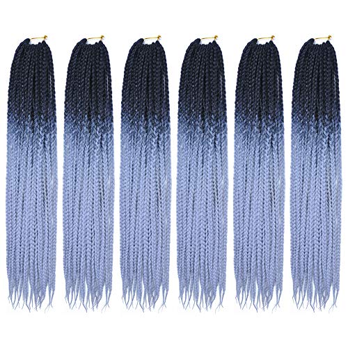24" Box Braids 22Strands Senegalese Twist Braids Crochet Hair Extensions Ombre Colors 3S Crochet Braiding Hair 6packs (3S Box braids & Black Silver Grey)