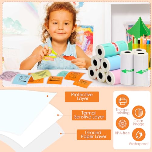 Image of HuiJuKeJi 9 Rolls Mini Printer Sticker Paper,Thermal Self-Adhesive Paper 57 * 25mm,3 Rolls of White &6 Rolls of Colour Paper for Pocket Inkless Portable Bluetooth Printer to Print Photo,Note