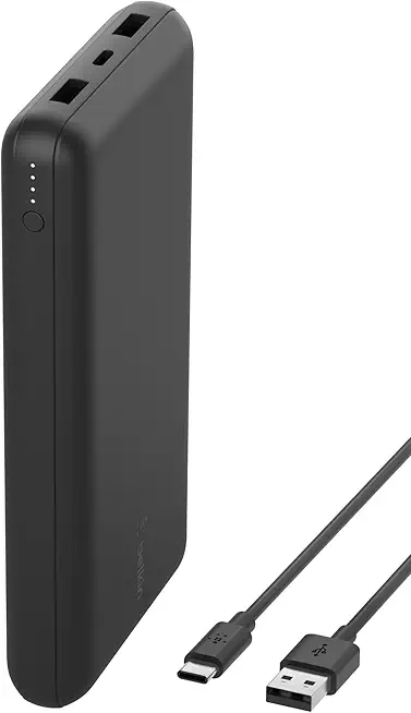Belkin tragbares USB-C-Ladegerät, 20.000mAh, 20K Powerbank mit USB-C-Ein-/Ausgang und 2 USB-A-Anschlüssen mit USB-C/USB-A-Kabel für iPhone, Galaxy, Pixel, iPad, AirPods und andere Geräte – Schwarz