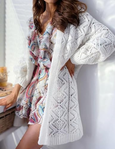 Image of Libsorge Womens Oversized Cute Crochet Chunky Knit Long Cardigan Fall Winter 2025 Trendy Boho Country Concert Outfits Sexy Hollow Out Open Front Long Sleeve Sweater Cardigans White L