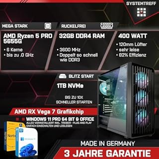 SYSTEMTREFF Basic Gaming Komplett PC Set AMD Ryzen 5 PRO 5655G 6x4.4GHz | AMD RX Vega 7 4K DX12 | 1TB M.2 NVMe | 32GB DDR4 RAM | WLAN Desktop Paket Computer für Gamer, Gaming