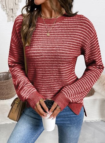 SHEWIN Womens Long Sleeve Crewneck Sweaters Casual Knit Striped Side Split Pullover Sweater Tops3