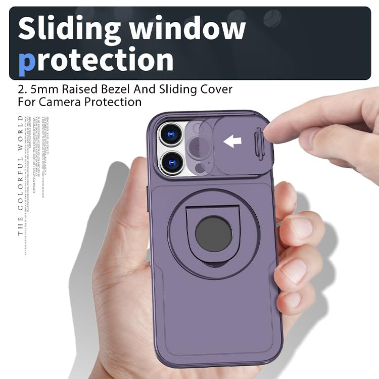 Image of LuxuryKase MagSafe Shockproof Rugged Back Case for iPhone 15 Pro Max | Finger Ring Kickstand & Sliding Camera Cover | Military Drop Protection | Wireless Charging Support - Purple