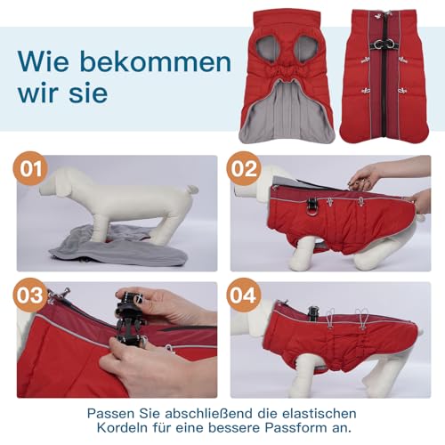 Katzinst Wintermantel Hund Klein, Wasserbeständig Hundeanorak mit Bauchschutz und Rollkragen, Schneemantel Hund, Sehr Schönes Material, Hundebekleidung für Schnauzer, Rot, S