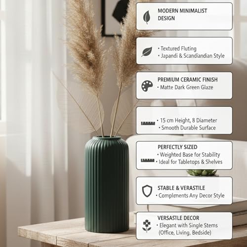 Image of KREATIVE ART'S Modern Ribbed Design Ceramic Flower Vase for Living Room, Flower Pots for Artificial Flower, Home Decoration Item, Home Decor, Vases for Living Room (Dark Green, Small)