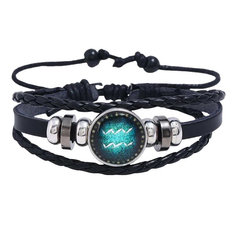 KONJEELIO Constellation Leather Bracelets, Aquarius Zodiac Luminous Bracelet Multi-Layer Braided Bracelet Adjustable Wristband Vintage Lucky Jewelry Gift For Men Women