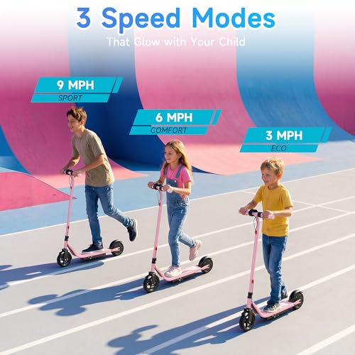 Image of Pink Electric Scooter for Kids Ages 6-12, 250W Motor, 9 MPH Top Speed, Up to 10 Miles Range, Kids E Scooter with LED Display, Dual Brake, 6.5 inch Solid Tires, 3 Speed Modes,UL2272 Certifed