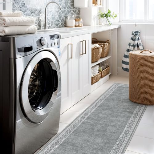 Image of Lahome Modern Bordered Kitchen Runner Rugs Non Skid Washable, 2x6 Runners for Hallways Non Slip Ultra-Thin Hallway Rug, No Shedding Soft Carpet for Entryway Laundry Room Bedroom (2x6ft,Grey)