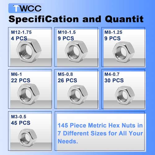 ZQZ 145 PCS Assorted Stainless Steel Hex Nuts Assortment Kit M3 M4 M5 M6 M8 M10 M12 Metric Hex Nut Set Hardware