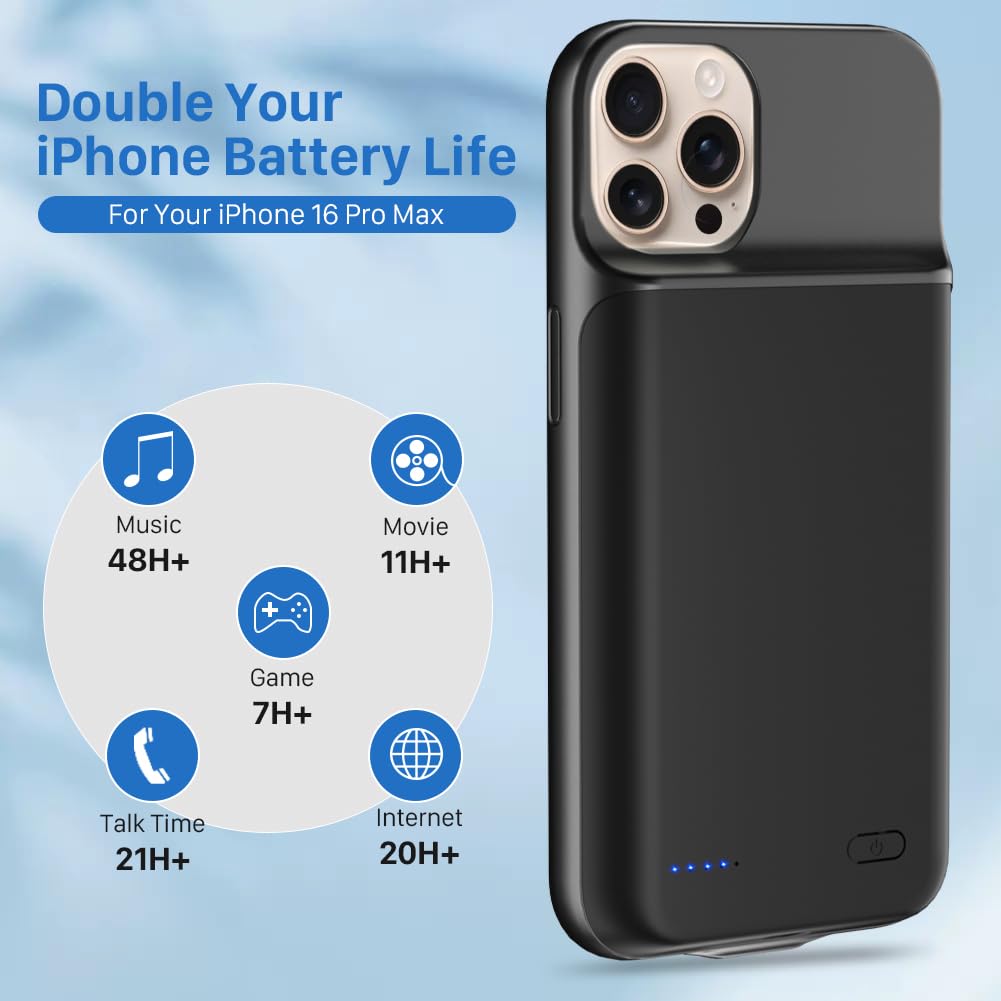 [7000mAh] Akkuhülle für iPhone 16 Pro Max,2025 upgrade mit hoher Kapazität, wiederaufladbares erweitertes Akkupack, schützende tragbare intelligente Backup-Ladeabdeckung für iPhone 16 Pro Max(1 Pack)