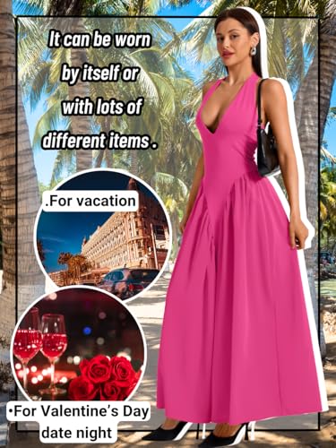 Image of ChiaoLezhee Deep V Neck Dress, Halter Maxi Dresses, Vacation Date Night, Sexy for Women Corset Flowy Wedding Guest Drop Waist