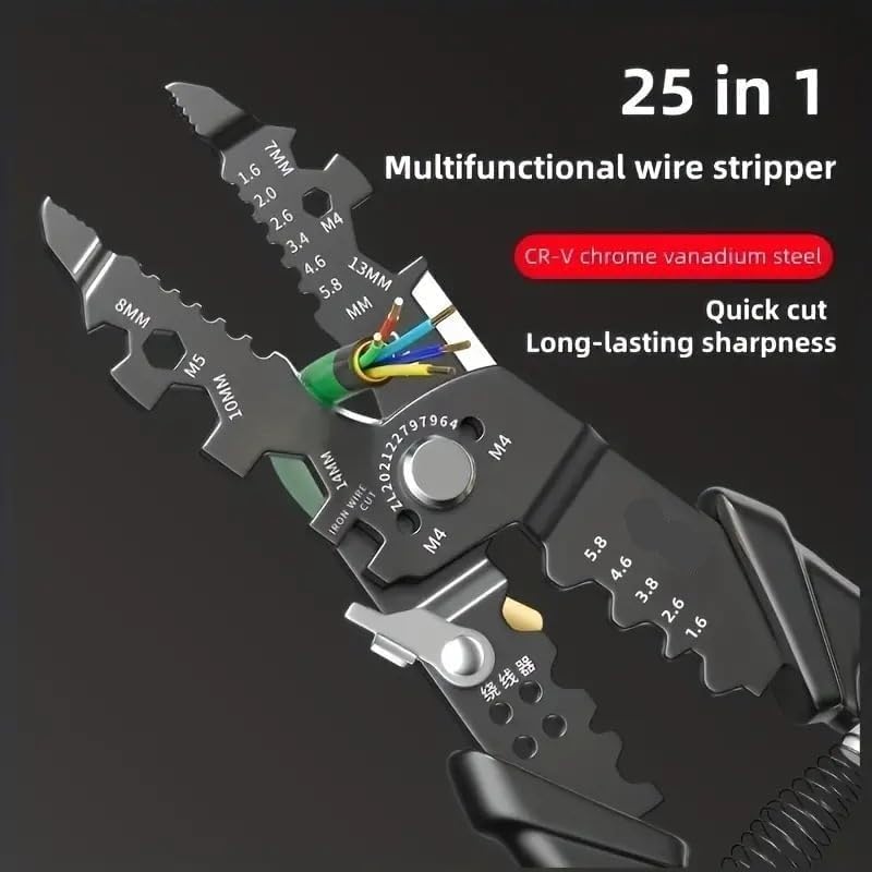 Image of 25-in-1 Multifunction Wire Stripper and Crimping Tool | Stainless Steel Cable Cutter, Wire Puller, Looping, Splitting & Electrical Stripping Pliers for Electricians, Technicians & DIY Wiring