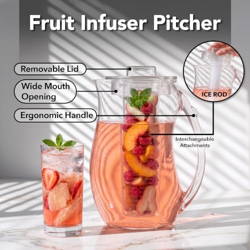 Image of OVENTE Fruit Infusion Water Pitcher 2.5 Liters, Clear PIA0852C | With Removable Lid, Infuser Rod and Ice Rod, BPA-Free, Shatterproof Acrylic Beverage Jug for Flavor-Infused Drinks & More