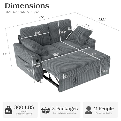 Ihanherry 59-inch Corduroy Convertible Sofa Bed with USB Charging Port, Side Pockets, and Wide Armrests – Full Size Sleeper for Living Room, Bedroom, and Multi-Scenario Use（Gray） - image 2