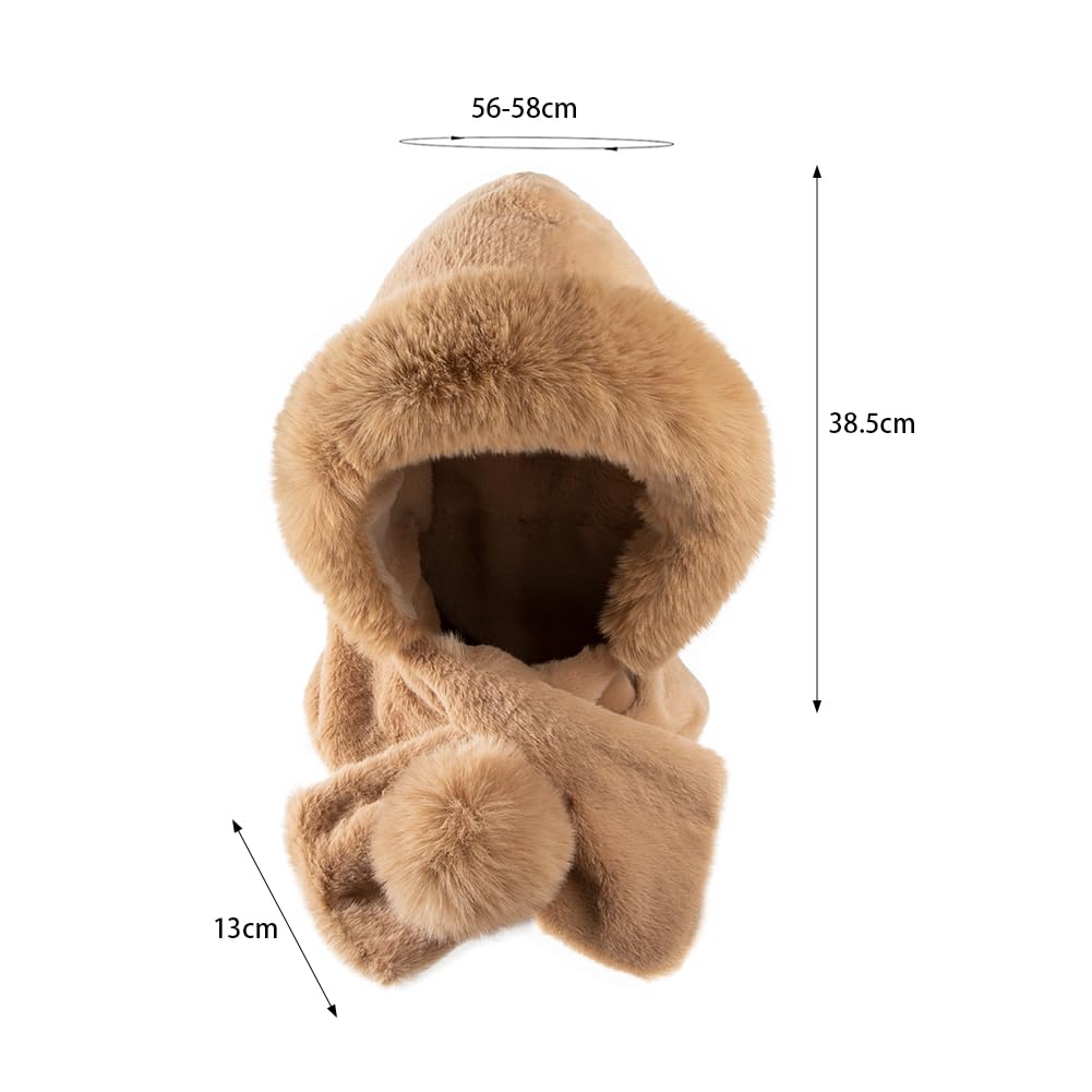 Warm Hooded Beanie Hat with Collar Scarf Faux Fur Furry Windproof Trapper Russian Balaclava Hat Skiing Hiking Earflap Cap Khaki
