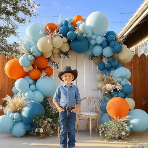 Image of Blue Orange White Balloon Arch Double Stuffed Balloon Kit for Fall Party | Orange Dusty Blue Sand White Balloon Garland for Autumn Baby Shower Cow Boy Girl Sport Party Decor