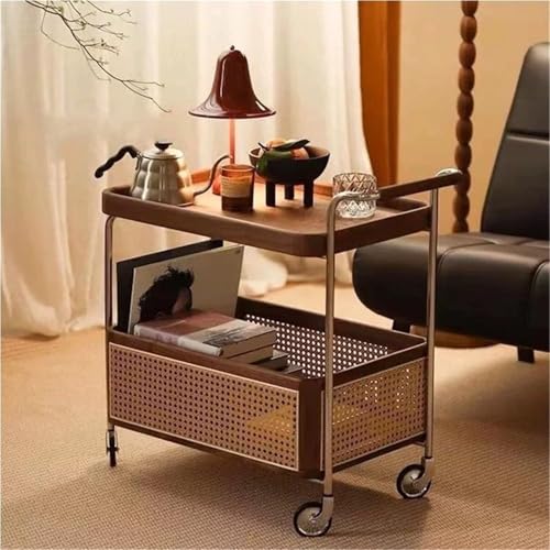 ZDFTGKM Mesa Auxiliar de ratán con Ruedas y Soporte de Metal, Carrito de Almacenamiento Multicapa, móvil, pequeña, práctica, para Sala de Estar y Cocina (marrón)
