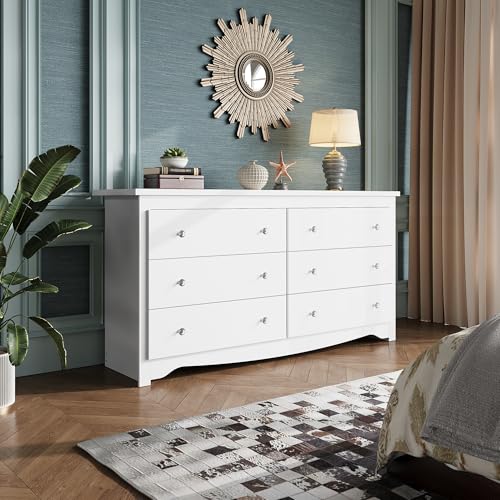 WLIVE White Dresser for Bedroom, 59“ Wide Chest of Drawers with 6 Drawer, Wood Long Nightstand with Drawers, Modern Large Storage Tower Unit, Closet Store Organizer for Living Room, Hallway