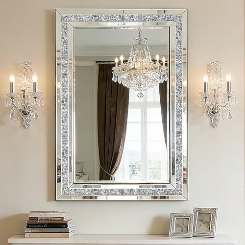 blingworld Decorative Wall Mirror, 32x24 Crushed Diamond Mirrors with Crystal for Wall Decor Living Room Silver Luxury Modern Mirrored Home Decoration Big Large Mirror Silver
