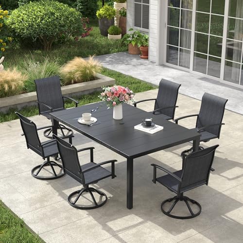 Image of VICLLAX Outdoor Table for 6, Metal Patio Dining Table with Umbrella Hole for Garden Lawn Deck Backyard, Black Tabletop