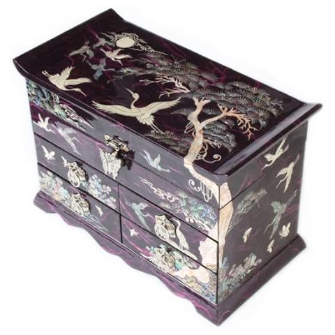 Mother of Pearl Crane and Pine Tree in Purple Mulberry Paper Design Wooden Jewellery Mirror Trinket Keepsake Treasure Gift Asian Lacquer Box Case Chest Organizer Cover