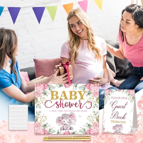 Image of Fuyoooo 27 Pcs Pink Elephant Baby Shower Guest Book Set Baby Shower Sign in Guest Elephant Book Place Table Cards with Gold Pen Adhesive Photo Corner for Birthday Party