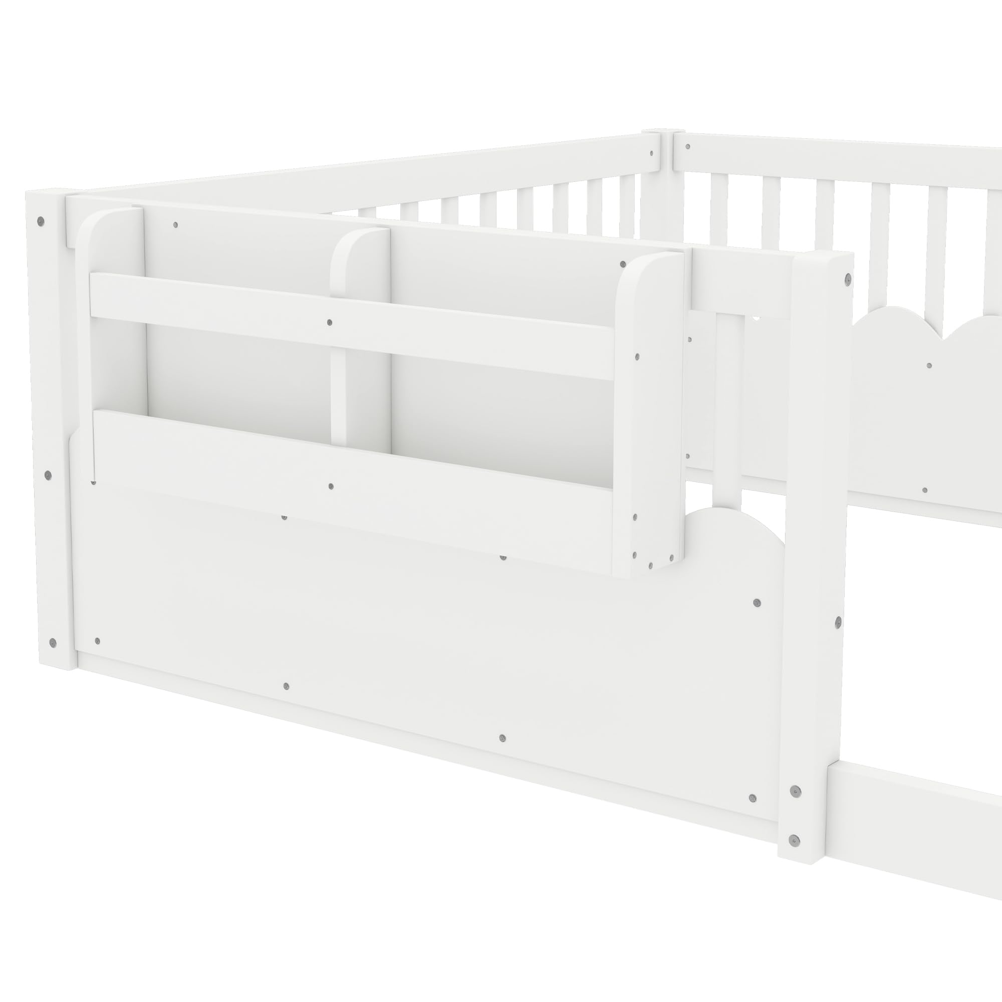 Full Size Floor Bed with Bookshelves, Wood Kids Floor Bed with Upgraded Guardrails and Slats, Montessori Floor Bed Frame for Kids, Boys, Girls, Childlike and No Spring Box Needed Design, White