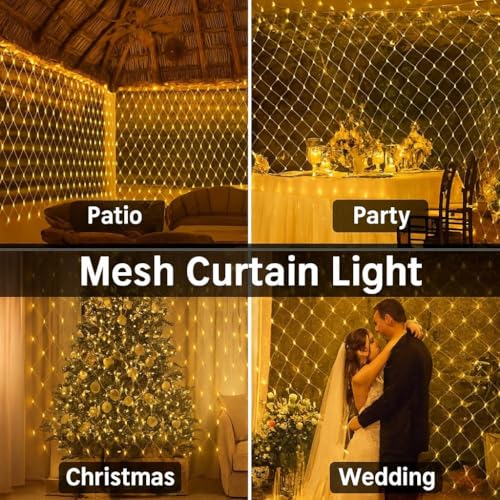 Image of K DK D 10 FT X 10 FT Net Mesh Light - 200 LED Warm Yellow Waterproof Serial String Light with Remote & 8 Modes | Mesh Curtain Lights for Balcony, Garden, Patio, Indoor Outdoor, Diwali Decoration