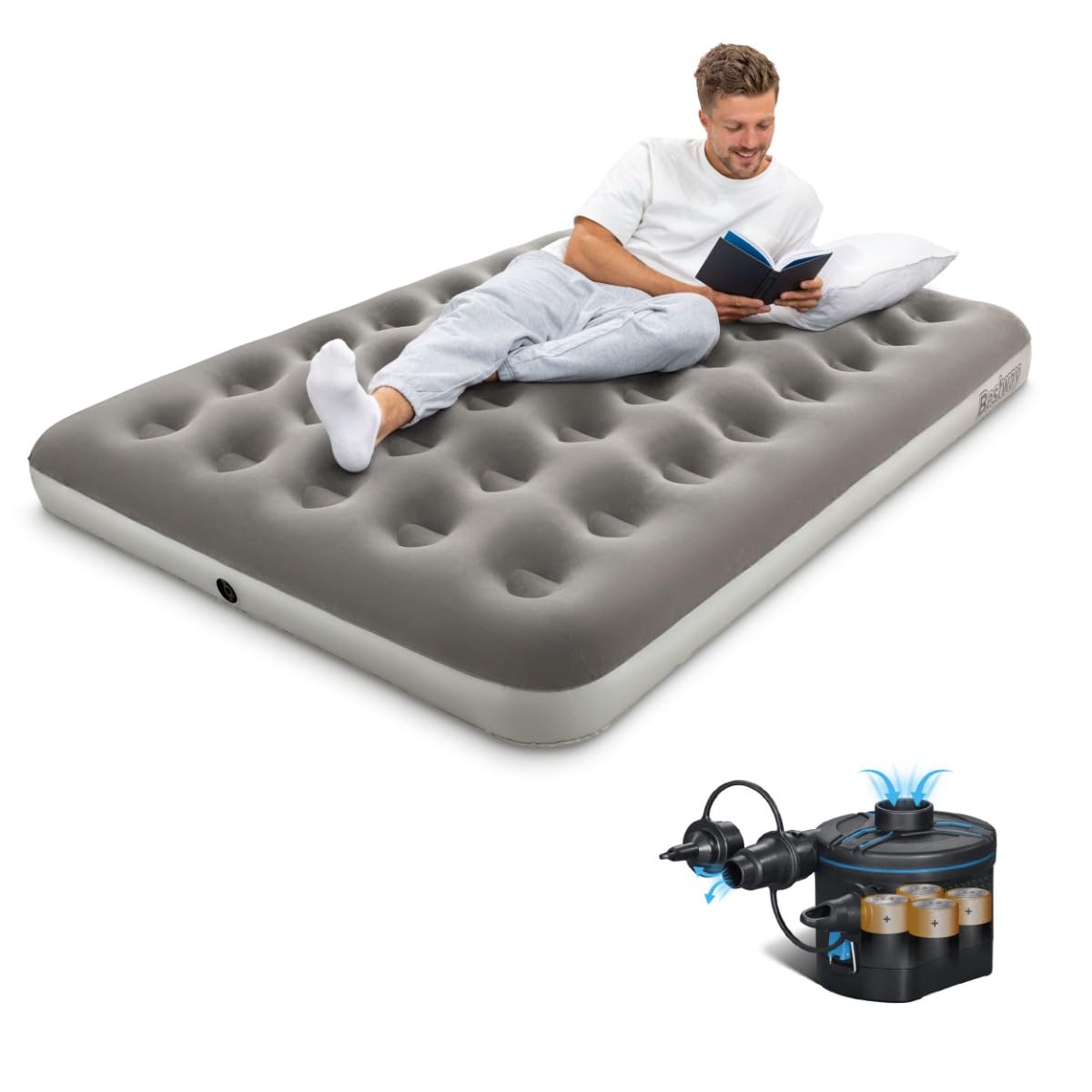 Bestway Grey Premium Camping Double Airbed With Cordless Battery Pump, Single Flocked Inflatable Bed Portable, Air Mattress, Outdoor Camping Air Bed