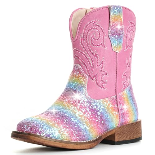 IUV KIDS Girls Cowgirl Boots Glitter Toddler Boys Cowboy Boots for Kids Western Square Toe Riding Mid Calf Boot