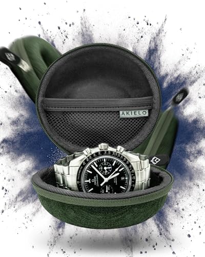 AKIELO Uhrengehäuse – Reise Uhrenbox Reinigungstuch und Geschenkbox – Für Männer und Frauen Armbanduhren und Smart Watch bis 54mm (Waldgrüne...