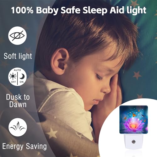 Image of Purple Lotus Flowers Butterflies Night Light for Kids,Glowing Lotus Butterfly Night Light Plug in with Dusk to Dawn Sensor,0.5w Energy Saving Nightlight for Hallway Stairway Kitchen Bedroom