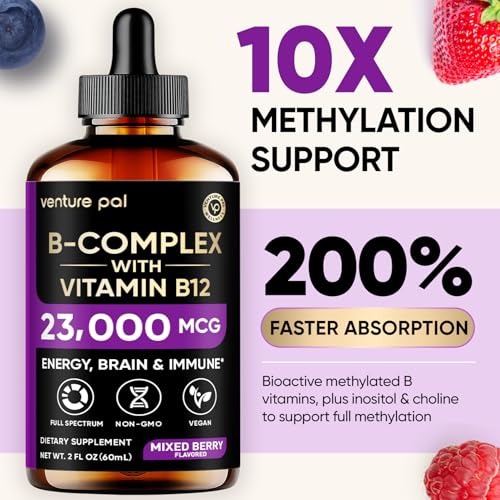 Image of Vitamin B Complex 23000mcg - Methyl B12| B9 Folic|B7 Biotin,B1,B2,B3,B5,B6 | Vitamin B Complex Liquid Drops for Men & Women with Vitamin C, Choline & Inositol for Energy, Immune & Brain Support - 2Oz