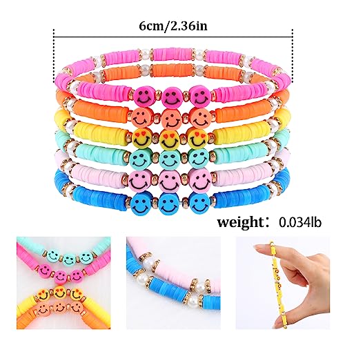Colorful Smiley Face Fruit Beaded Bracelets for Women Rainbow Stretch Clay Preppy Bracelets Y2k Heishi Surfer Stackable Bracelet Set Handmade Summer Beach Party Jewelry Gift2