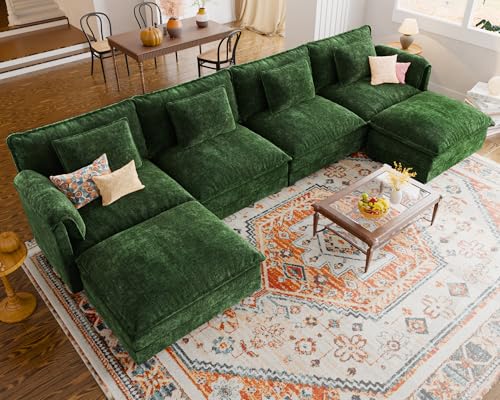 ELUCHANG 150" Oversized Modular Sectional Sofa, Comfy Deep Seat Cloud Couch, 6 Seater U Shaped Modern Sofa with Removable Cover for Living Room, Apartment, DIY Combination, Chenille Green
