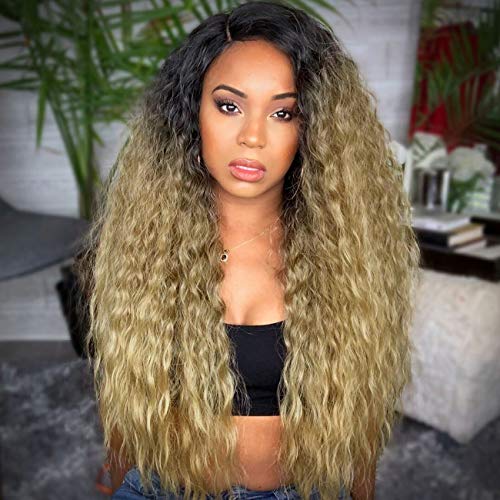 K'ryssma Ombre Lace Front Wig Blonde Deep Side Parting Long Curly Synthetic Wigs for Women 130% Density 22 inches Blonde Curly Wig