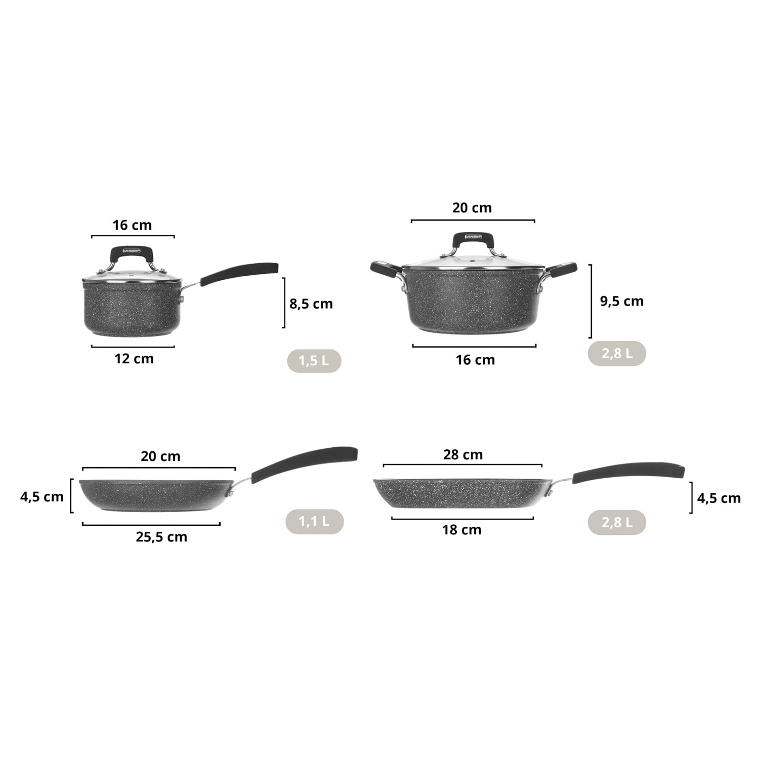 KASANOVA Nowa Petra Dark Zestaw Garnków, Odpowiedni do Indukcji i Piekarnika do 180°C, Zestaw Garnków z Powłoką Nieprzywierającą z Rękawicą i Stalową Łyżką (6 stuks)