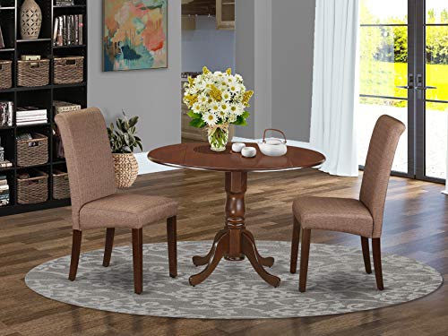 East West Furniture DLBA3-MAH-18 3 Piece Modern Dining Table Set Contains a Round Wooden Table with Dropleaf and 2 Brown Linen Linen Fabric Parsons Dining Chairs, 42x42 Inch, Mahogany East West Furniture DLBA3-MAH-18 3 Piece Modern Dining Table Set Contains a Round Wooden Table with Dropleaf and 2 Brown Linen Linen Fabric Parsons Dining Chairs, 42x42 Inch, Mahogany