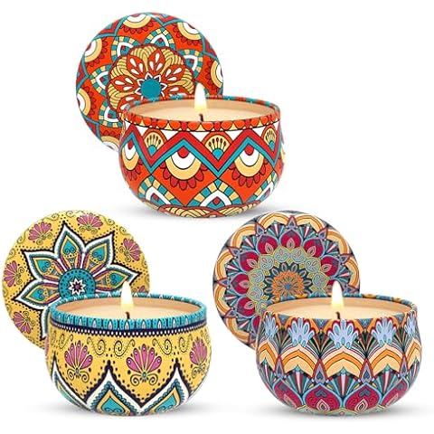 Set of 3 Lavender Citrus and Bluebell Scented Gift Candles for Home, Small 2.5oz Festive Travel Aromatherapy Candles in Cute Decorative Bohemian Metal Tins with Lids for Party Favors Cover