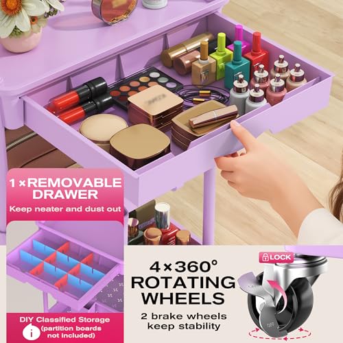 Image of Goovilla Rolling Makeup Organizer Cart with Removable Drawer, 4 Tier Stable Purple Floor Skincare Storage Cart for Vanity, Cosmetic Display, Nail Polish, Perfume, Hair Stuff, Beauty, Bathroom(Plastic)