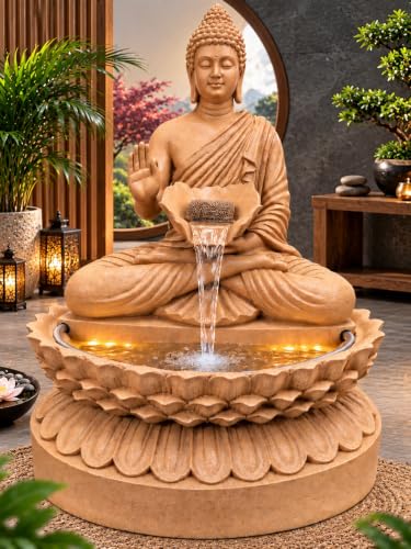 Image of G - Creations : Buddha Waterfall Fountain, Beige, Fibreglass, 2 Feet Height, Water Feature with Lotus Base, Corded Electric for Home | Office | Outdoor| Indoor and Porch Area