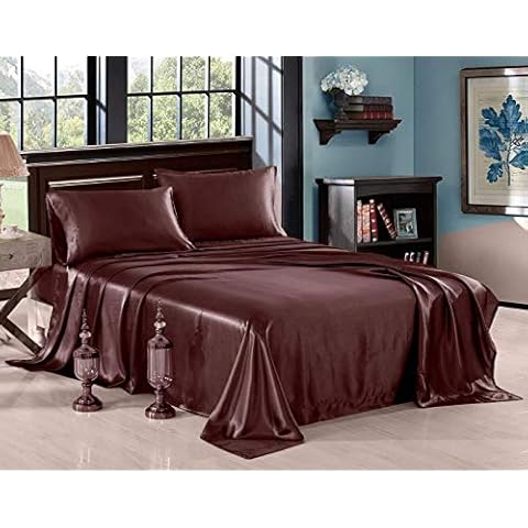 Kanak Bedding- Sheet Set Hotel Quality Silky Soft Luxurious Satin 6 Pc Sheet Set Wrinkle & Fade Resistant, Silk Flat Sheet & Pillowcases Set with 24 Inch Dp Pocket (California King-Chocolate) Cover