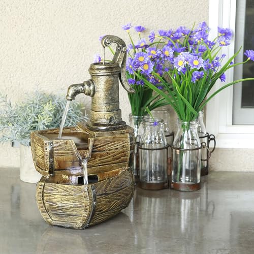 Alpine Corporation WIN826 Indoor Tabletop 2-Tiered Vintage Water Pump Retro Barrel Fountain thumb #11