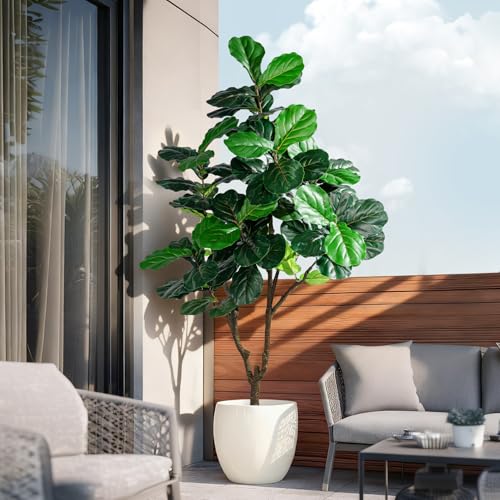 Image of Erimda Artificial Fiddle Leaf Fig Tree 6ft with White Planter Realistic Fiddle Leaf Lyrata Plant Tall Fake Tree with Natural-Looking Leaves Fake Tree for Indoor Outdoor Home Office Decor